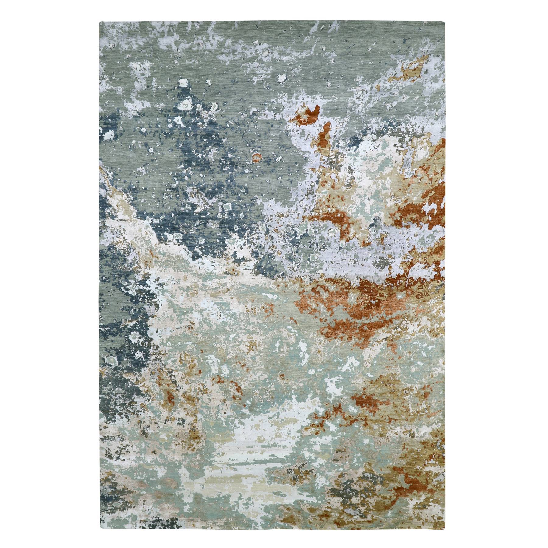 Spanish Gray with Orange, Densely Woven, 100% Wool, Abstract with Galaxy Design, Persian Knot, Hand Knotted, Oriental Rug